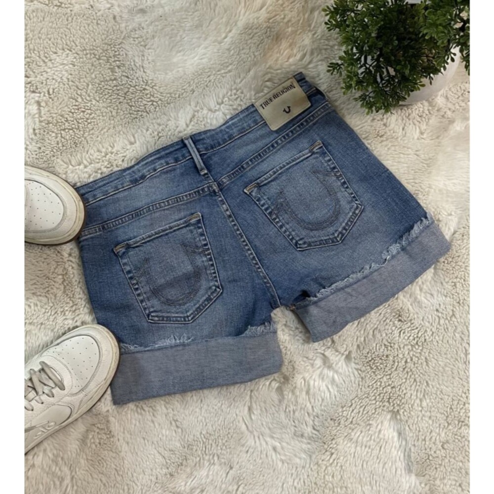 True Religion Medium Wash Cuffed Denim Shorts - Size 28